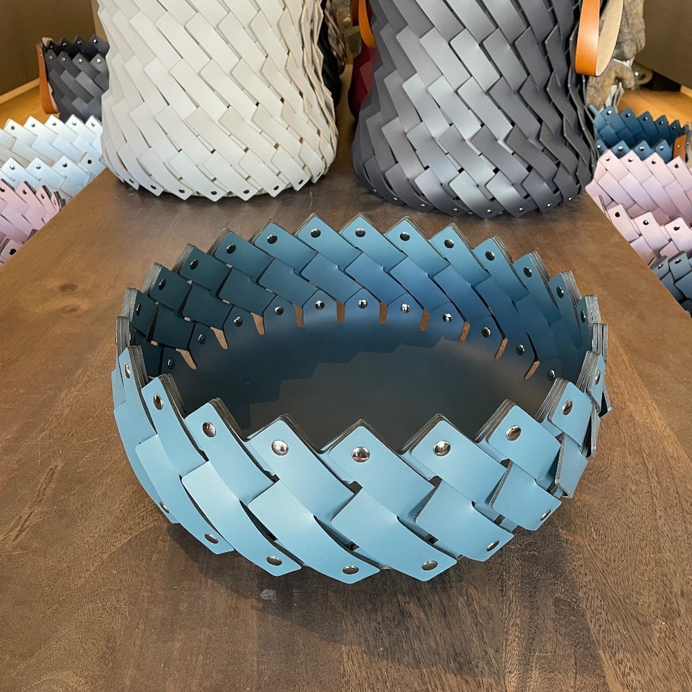 Small Braided Leather Basket Teal Blue